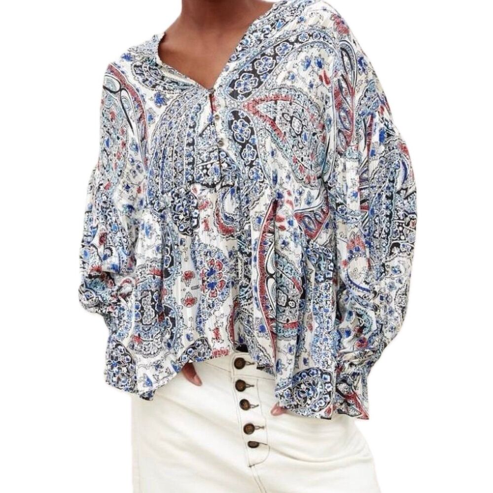 Zara Women's Sheer Paisley Metallic Oversized Bubble Sleeves Hi Lo Hem Blouse S